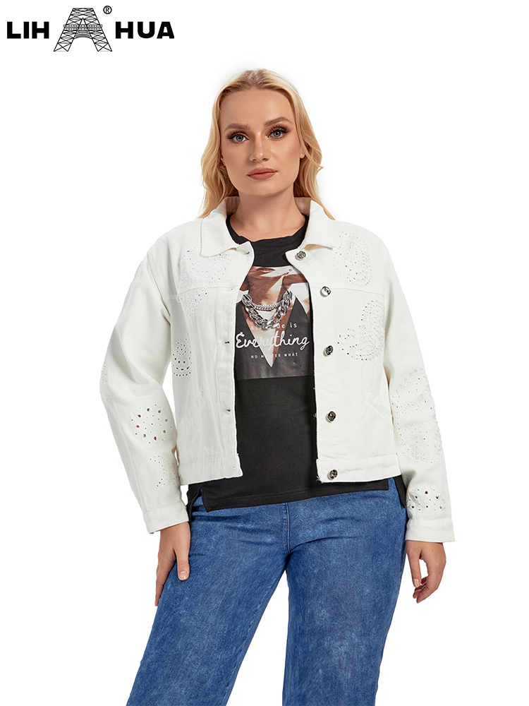 LIH HUA Women's Plus Size Denim Jacket Autumn Casual High End Stretch Button Long Sleeve Jacket